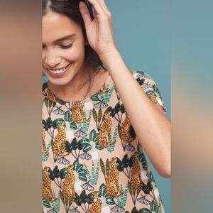 Anthropologie PEPALOVES Women's Sweater Top Cheetah Print White Lotus Resortwear